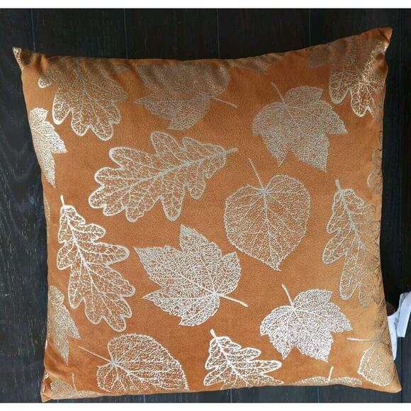 Autumn Leaf Accent Pillow Orange Rust Velvet Gold Leaves Fall 18” Down Filled - Picture 1 of 7